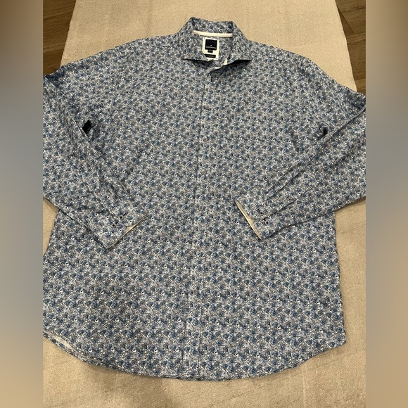 [17-17.5]Daniel Hechter Men Blue Floral Patterned Cotton Non Iron Dress Shirt - Picture 1 of 10